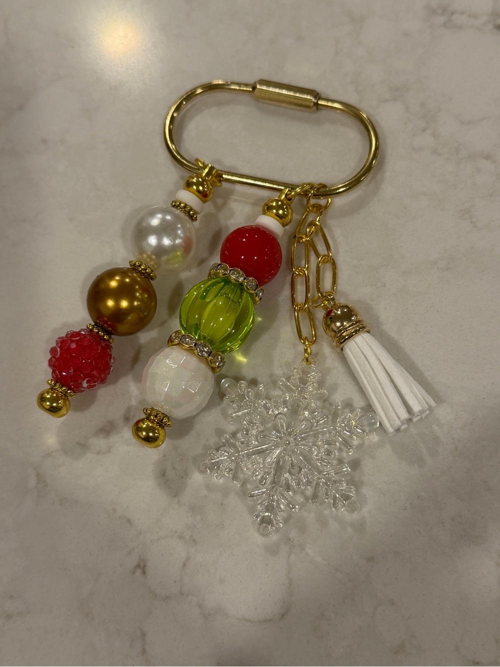 Beaded Holiday Snowflake Keychain Charm - White, Red, Green, Gold